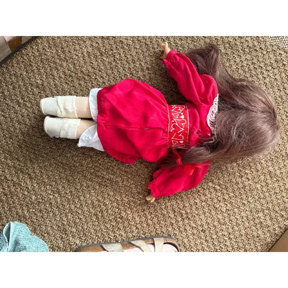 Vintage Wernicke German Doll Red Lace Heart‎ Dress Echt Leder Shoes Brown Hair